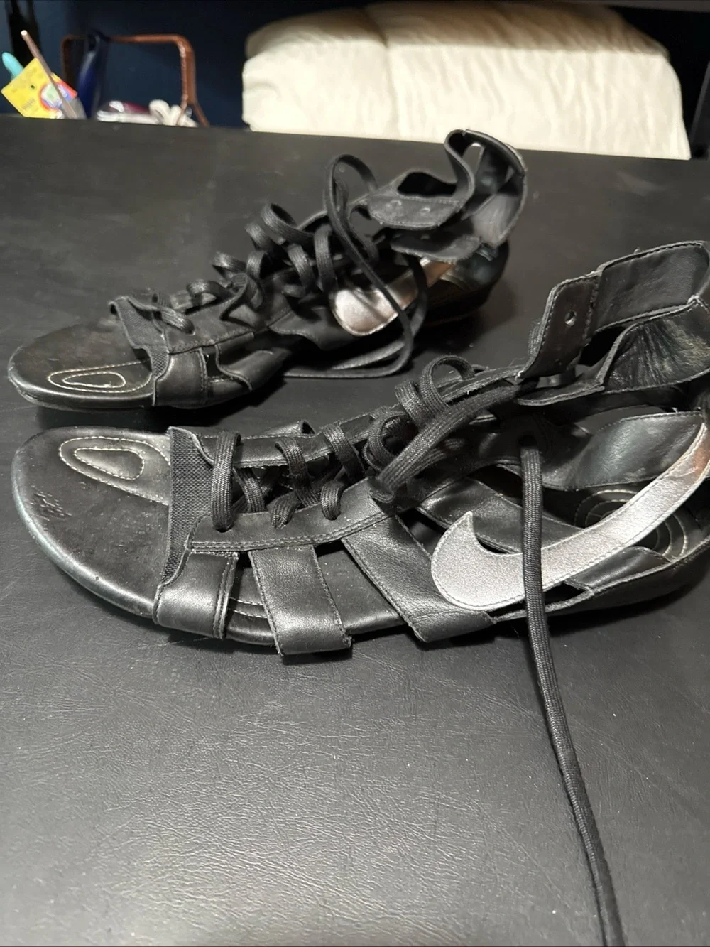 Rare Nike Black Strappy Sandals with Silver Swoosh